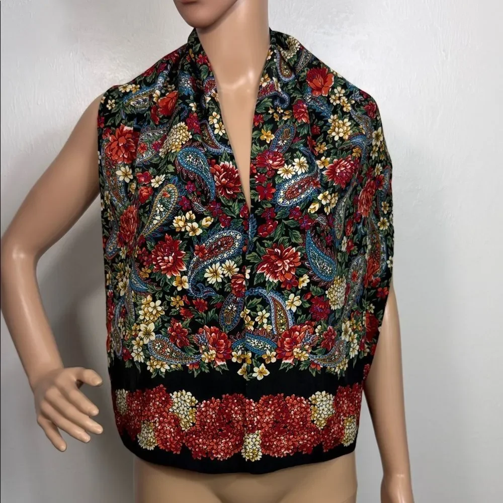 Vera Floral Paisley Hand Rolled Silk Feel Oblong Scarf Black 11 x 52